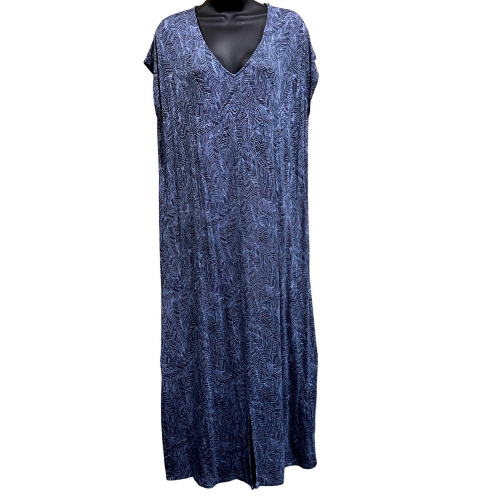 J. Jill Maxi Dress Sz M Tall Blue Palm Print V-Neck Sleeveless Relaxed Stretch